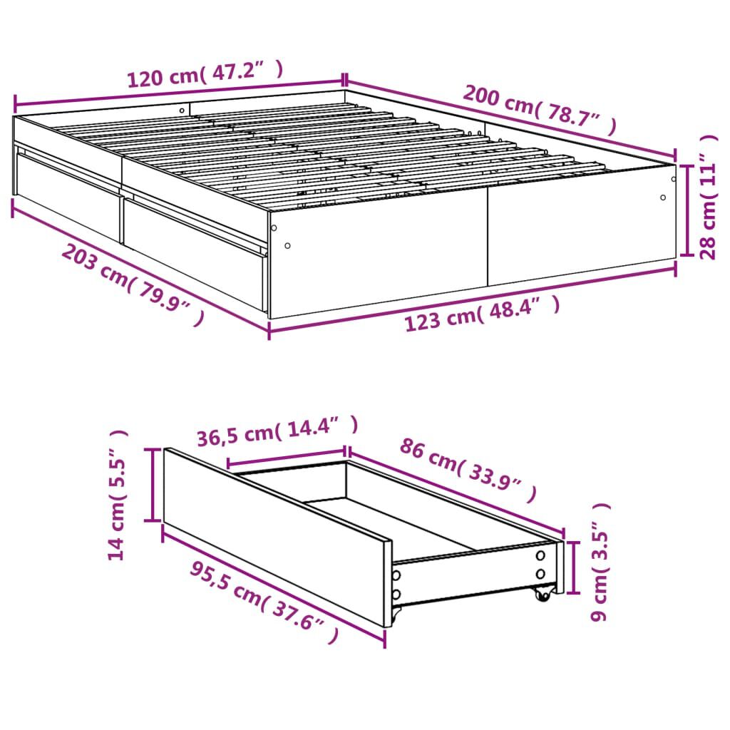 vidaXL Πλαίσιο Κρεβατιού με Συρτάρια Μαύρο 120x200 εκ Επεξεργ. Ξύλο