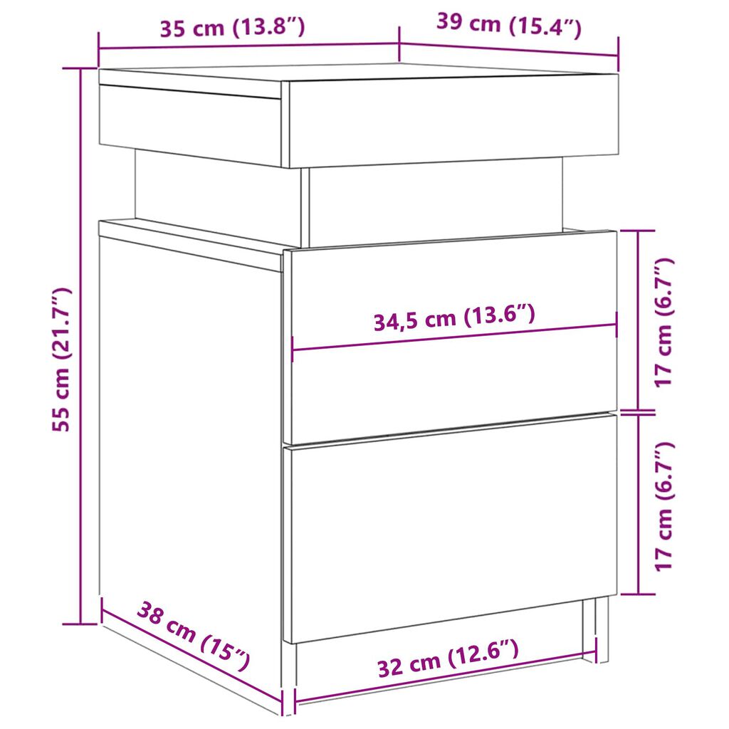vidaXL Κομοδίνο με LED Φώτα Μαύρο Δρυς 35x39x55 εκ