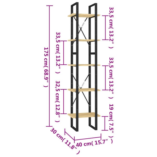 vidaXL Βιβλιοθήκη με 5 Ράφια 40 x 30 x 175 εκ. από Ξύλο Πεύκου
