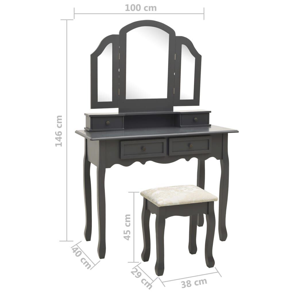 vidaXL Μπουντουάρ με Σκαμπό Γκρι 100 x 40 x 146 εκ. Ξύλο Παυλώνιας