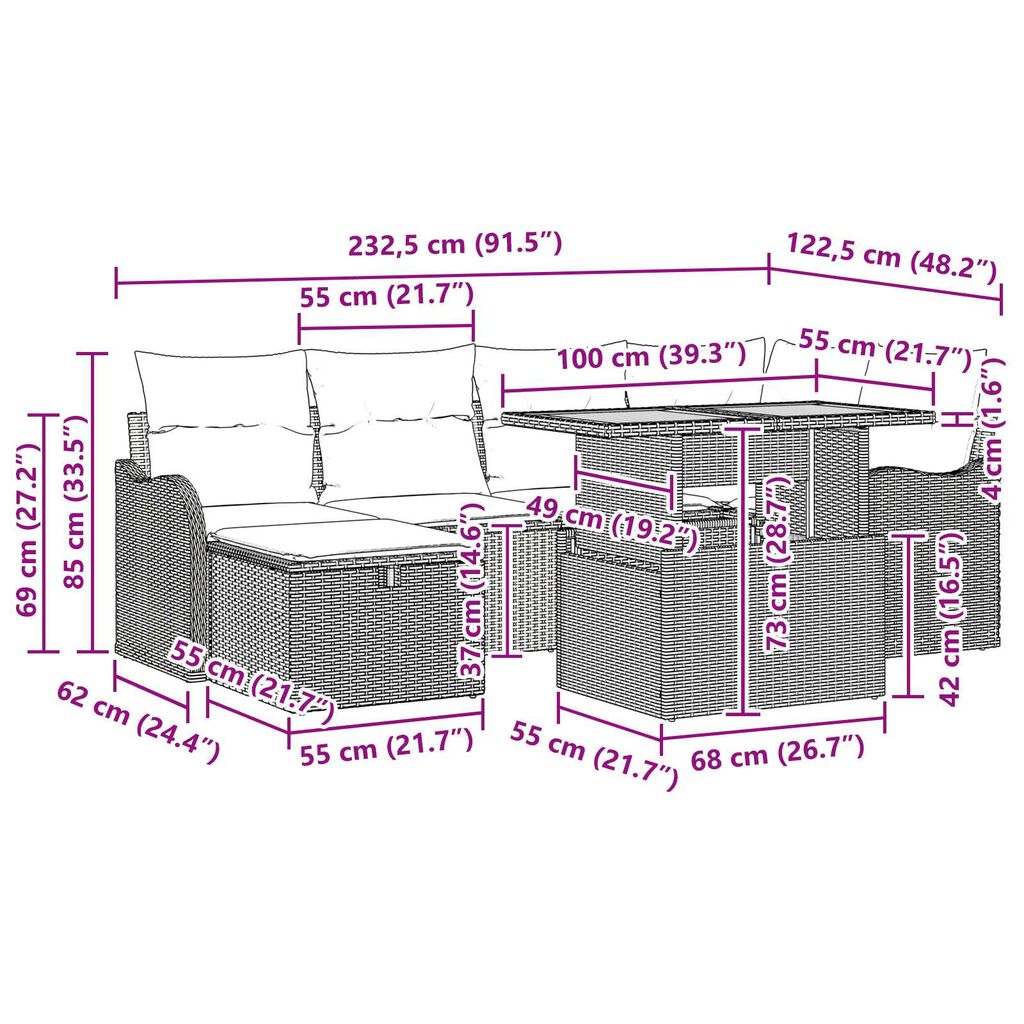 vidaXL Σετ Καναπέ Κήπου με μαξιλάρι 7 pcs Μπεζ Πολυ ράταν
