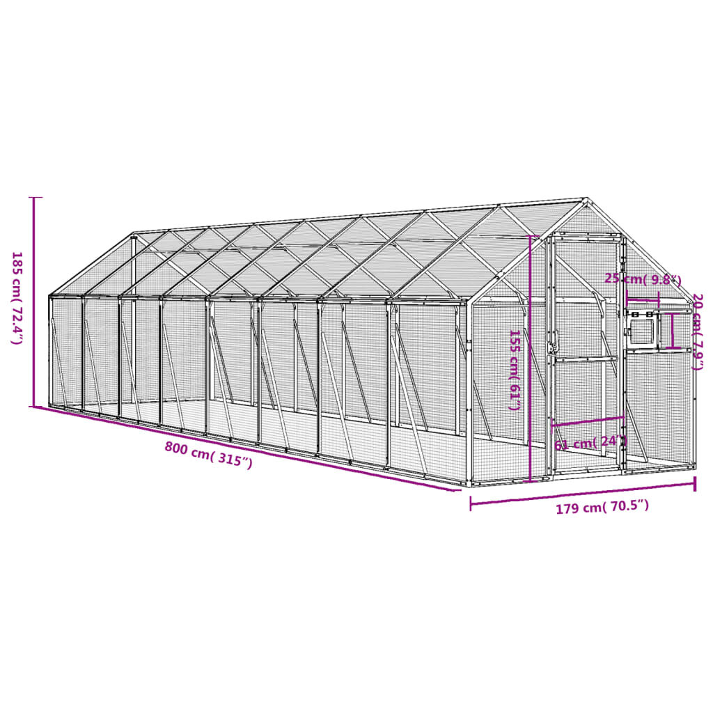 vidaXL Κλουβί Ασημένιο 1,79 x 8 x 1,85 μ. από Αλουμίνιο