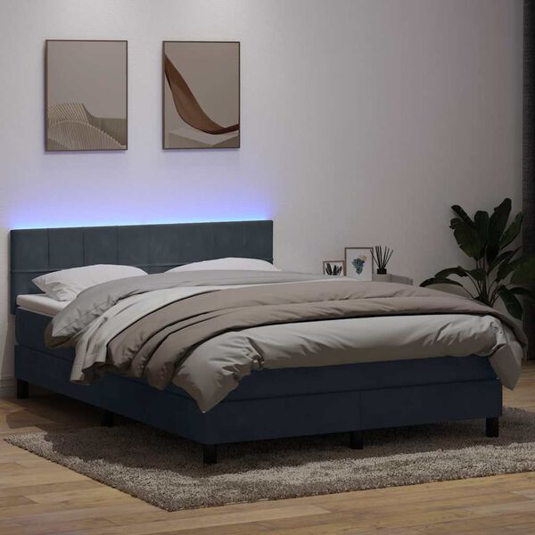 vidaXL Κρεβάτι Boxspring με Στρώμα & LED Σκούρο Γκρι 140x210 εκ. Βελούδινο