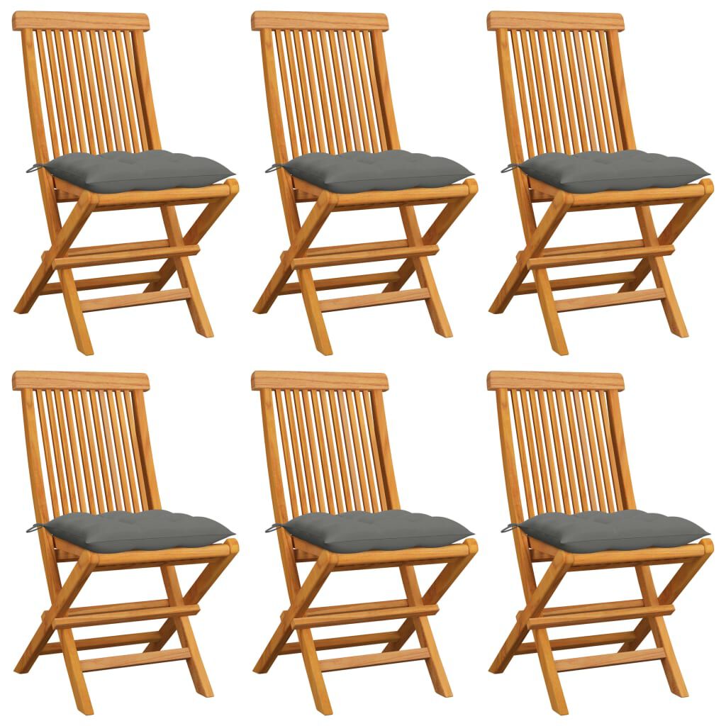 vidaXL Καρέκλες Κήπου 6 Τεμαχίων από Μασίφ Ξύλο Teak με Γκρι Μαξιλάρια