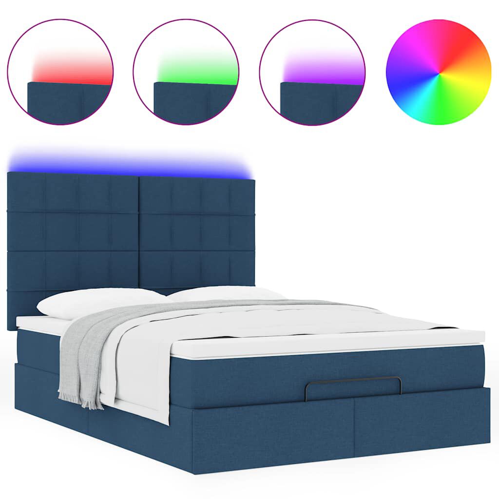 vidaXL Οθωμανικό κρεβάτι με στρώμα & LEDs Μπλε 140x200cm ύφασμα