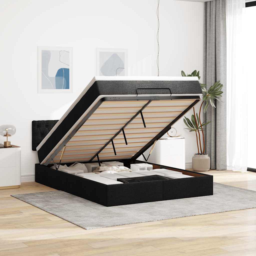 vidaXL Οθωμανικό κρεβάτι με στρώμα & LEDs Μαύρο 140x190 cm Ύφασμα
