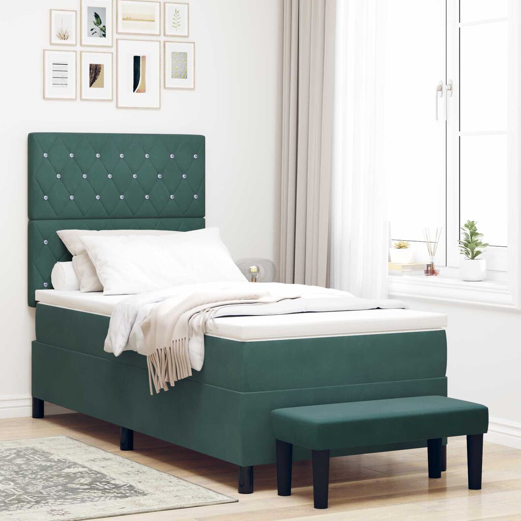 vidaXL Κρεβάτι Box Spring με Στρώμα & Παγκάκι Σκούρο Πράσινο 90x190 εκ. Βελούδο