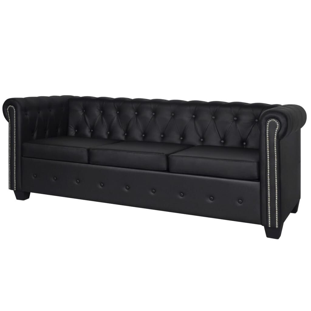 vidaXL Καναπές Τριθέσιος Chesterfield Μαύρος από Συνθετικό Δέρμα