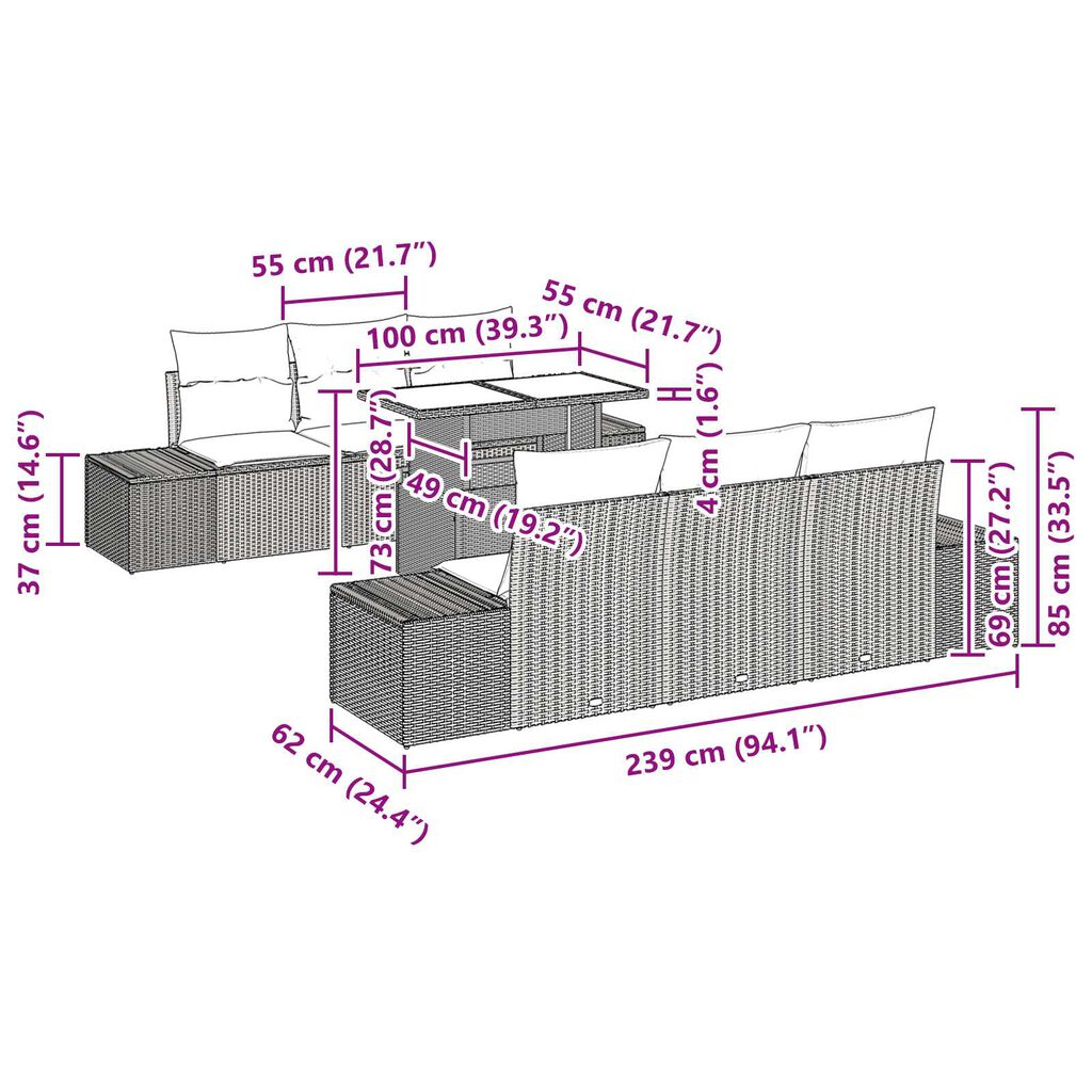 vidaXL Σετ Καναπέ Κήπου με μαξιλάρι 7 pcs Ανοιχτό Γκρι και Σκούρο Γκρι