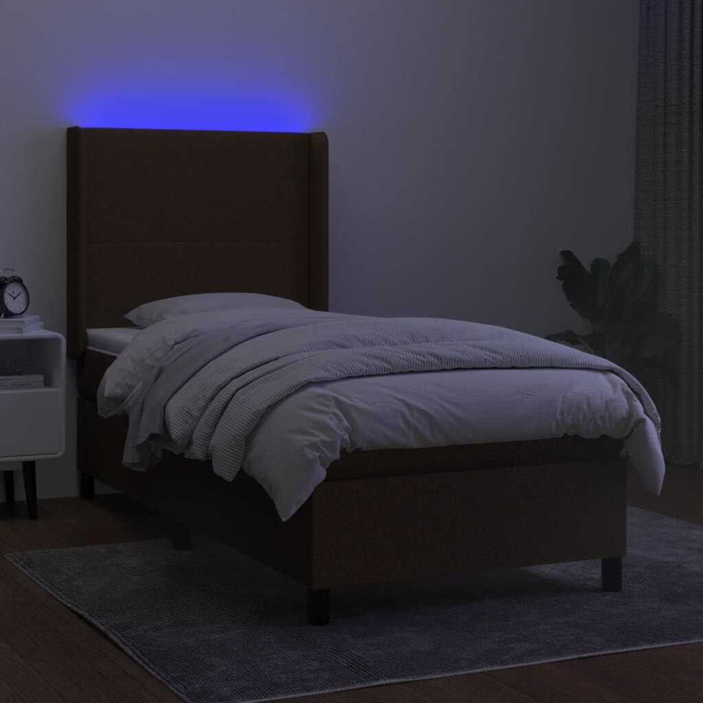 vidaXL Κρεβάτι Boxspring με Στρώμα & LED Σκ.Καφέ 90x190 εκ. Υφασμάτινο