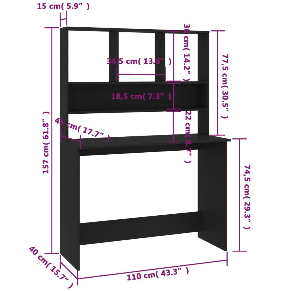 vidaXL Γραφείο με Ράφια Μαύρο 110 x 45 x 157 εκ. από Μοριοσανίδα