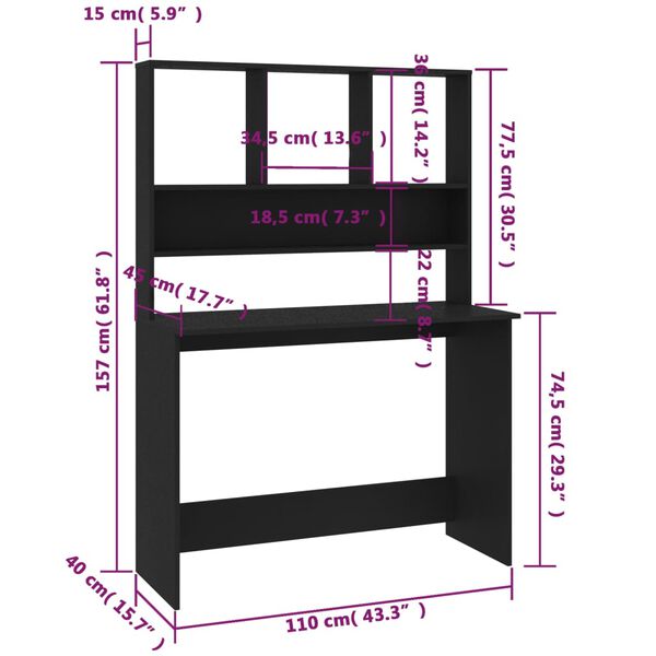 vidaXL Γραφείο με Ράφια Μαύρο 110 x 45 x 157 εκ. από Μοριοσανίδα