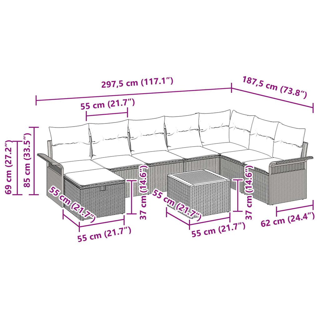 vidaXL Σετ Καναπέ Κήπου με μαξιλάρι 9 pcs Γκρι Πολυ ράταν