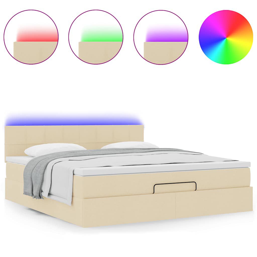 vidaXL Οθωμανικό κρεβάτι με στρώμα & LEDs Cream 180x200cm ύφασμα