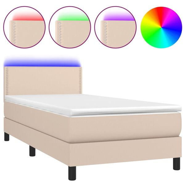vidaXL Κρεβάτι Boxspring Στρώμα&LED Καπουτσίνο 90x200 εκ. Συνθ. Δέρμα