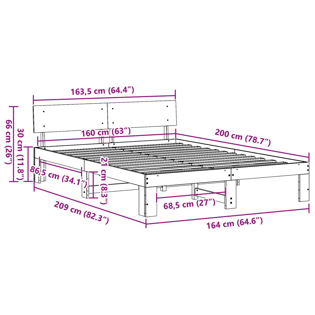 vidaXL Κρεβάτι με Κεφαλάρι 160x200 εκ Μασίφ Ξύλο Πεύκου