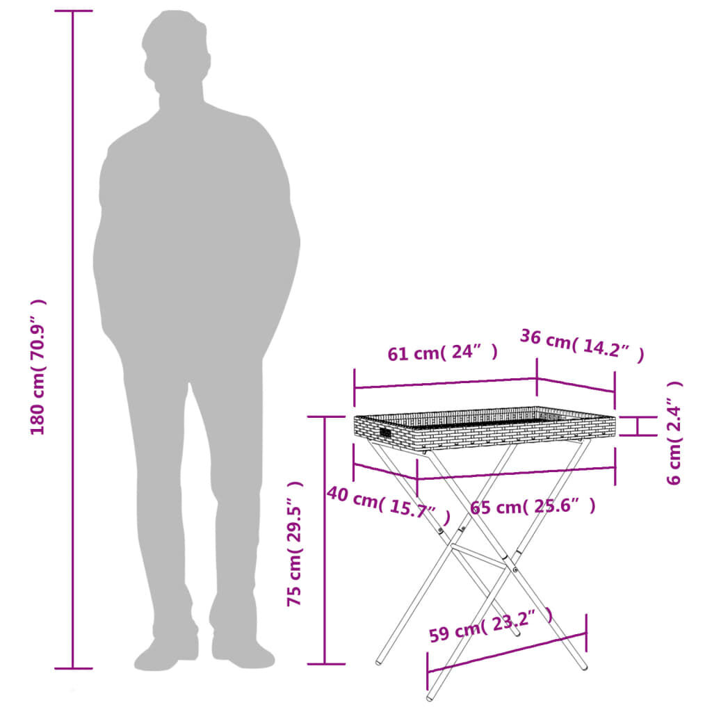 vidaXL Τραπέζι Δίσκος Πτυσσόμενο Μαύρο 65x40x75 εκ. Συνθετικό Ρατάν