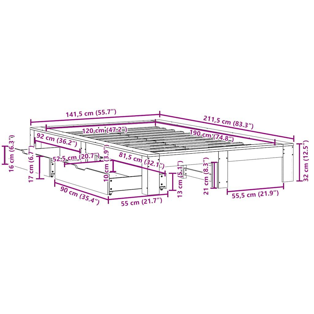 vidaXL Σκελετός Κρεβατιού Χωρίς Στρώμα 120x190 εκ Μασίφ Ξύλο Πεύκου