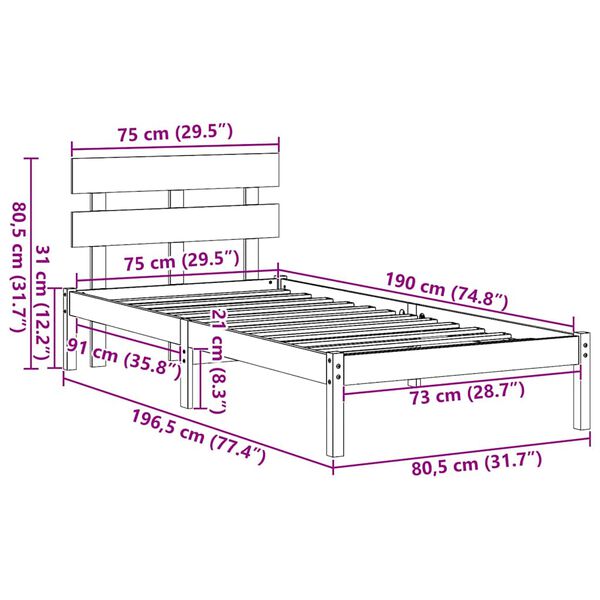 vidaXL Σκελετός Κρεβατιού Καφέ 75 x 190 cm Μασίφ ξύλο πεύκου