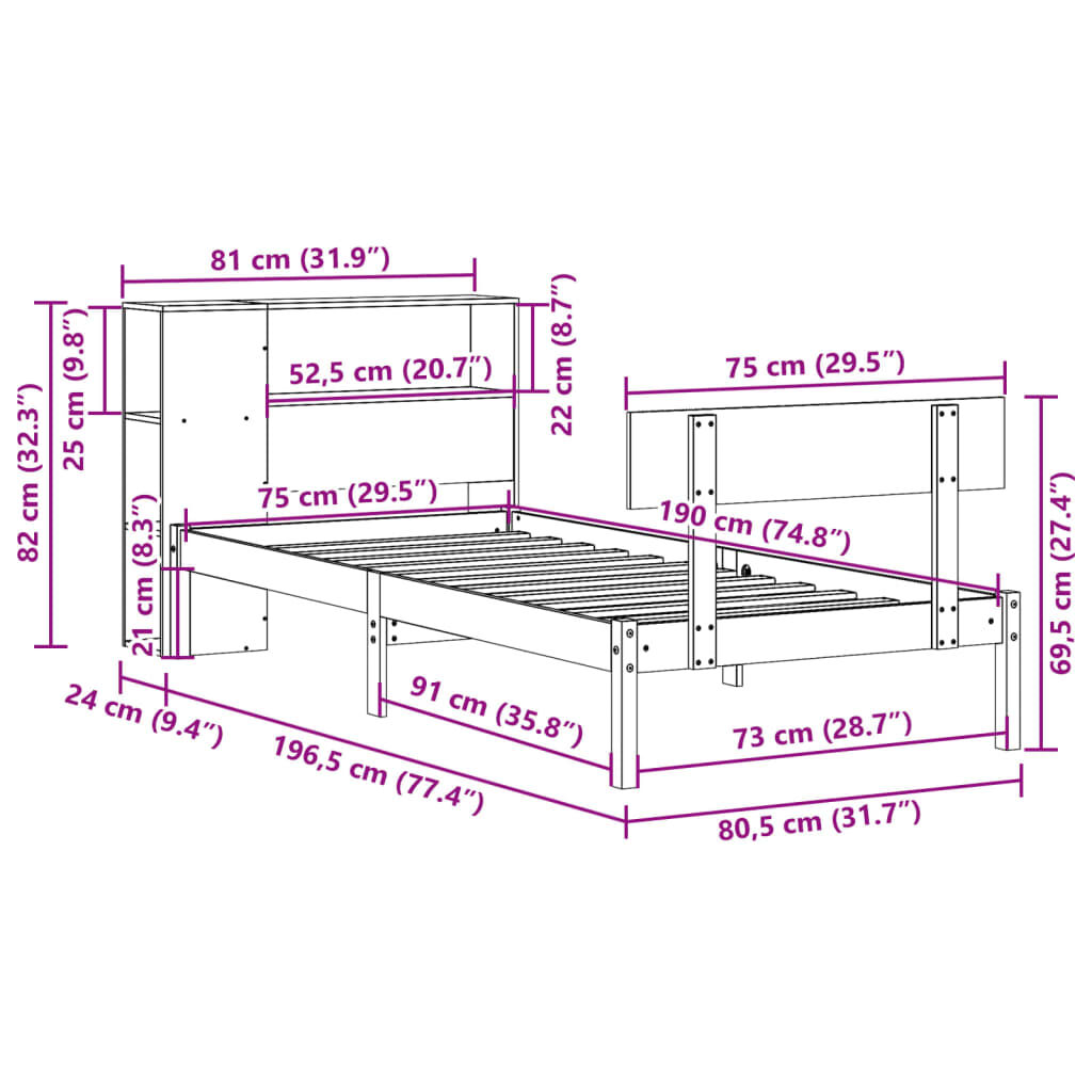 vidaXL Κρεβάτι Βιβλιοθήκη Χωρίς Στρώμα Λευκό 75x190 εκ Μασίφ Πεύκο
