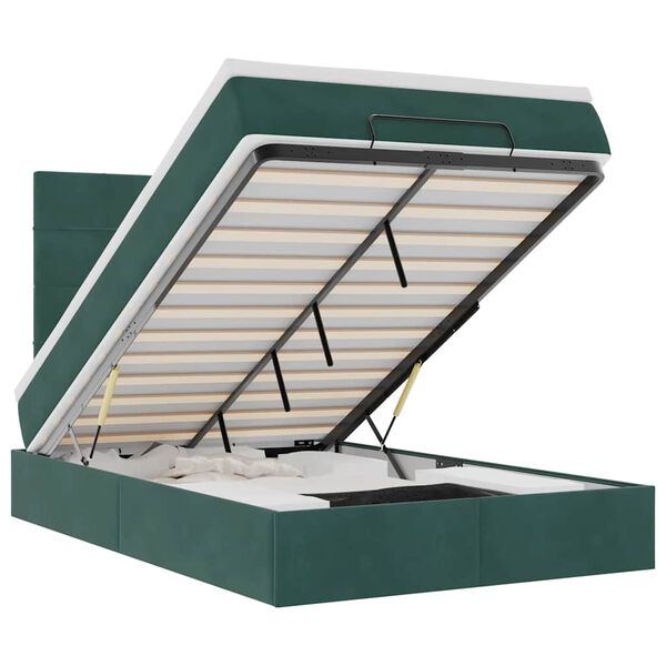 vidaXL Οθωμανικό κρεβάτι με στρώματα & LEDs Σκούρο πράσινο Βελούδο