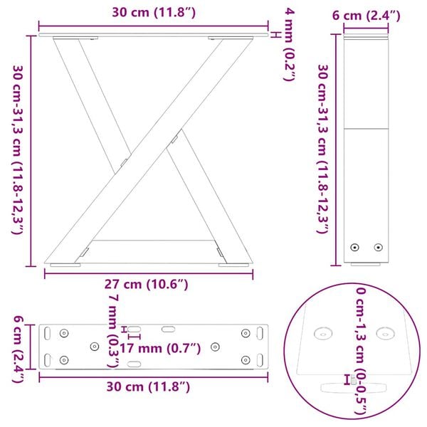 vidaXL Πόδια Τραπεζιού Σαλονιού 2 τεμ. από Φυσικό Ατσάλι 30x(30-31,3) εκ. Ατσάλι