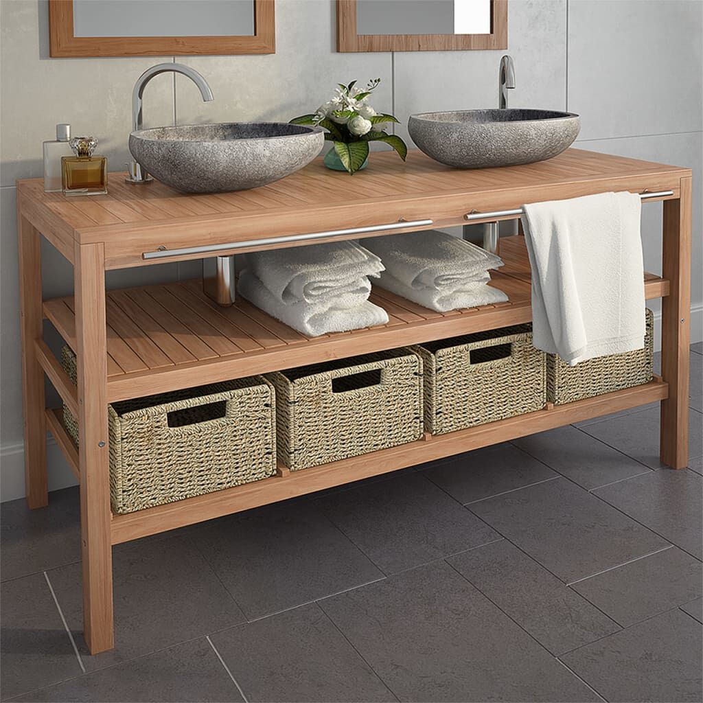 vidaXL Έπιπλο Μπάνιου 132x45x75 εκ. από Μασίφ Ξύλο Teak με 4 Καλάθια