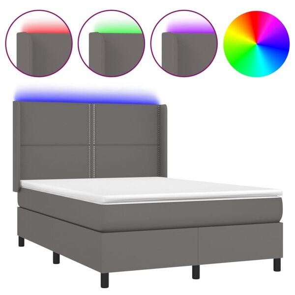 vidaXL Κρεβάτι Boxspring με Στρώμα & LED Γκρι 140x190 εκ. Συνθ. Δέρμα