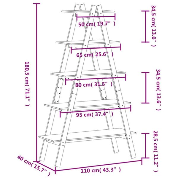 vidaXL Ραφιέρα 5 Επιπέδων Σχήμα Α 110x40x180,5 εκ. Μασίφ Ξύλο Πεύκου