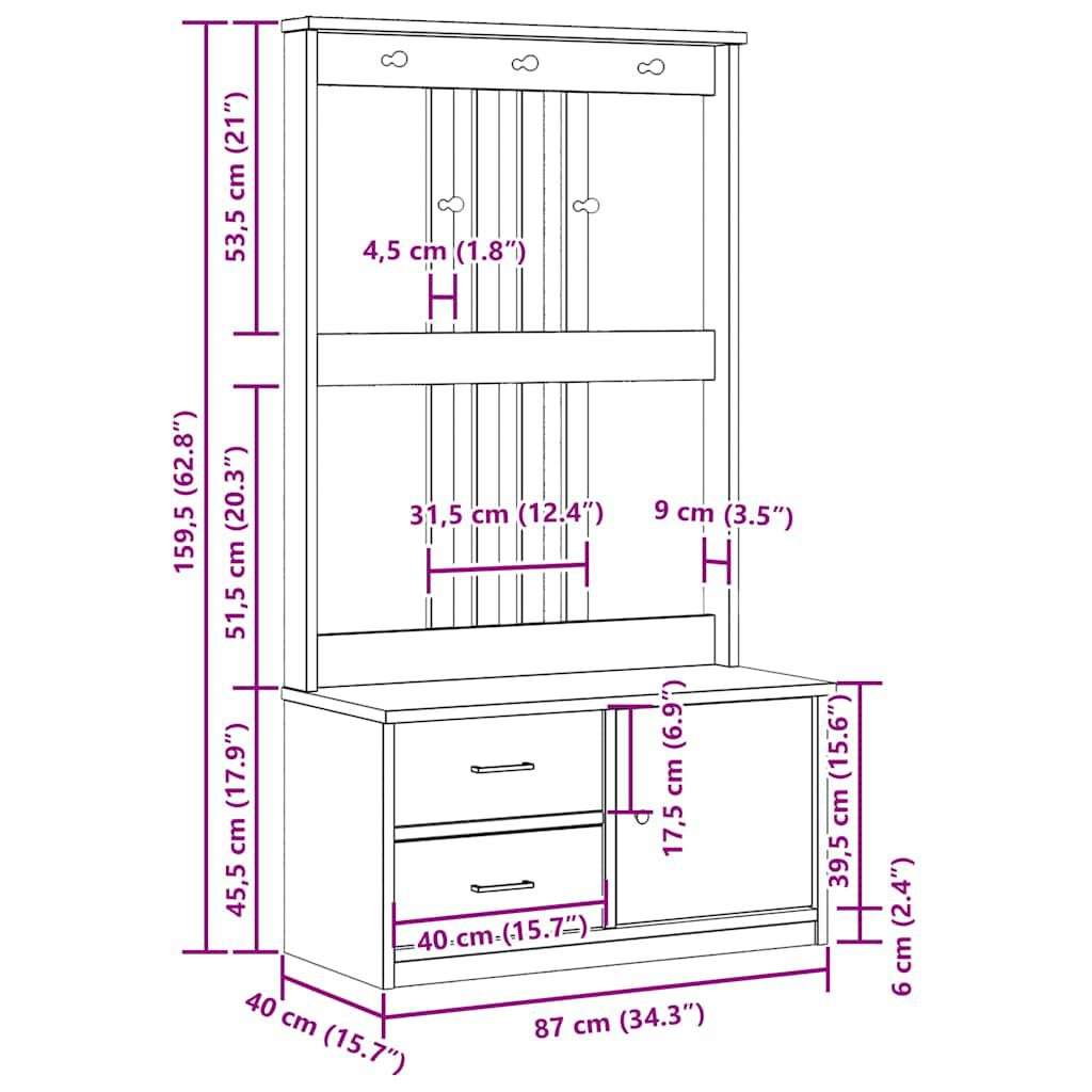 vidaXL Δέντρο χωλ SANDENS Λευκό 87x40x159,5 εκ. Πεύκο μασίφ ξύλο