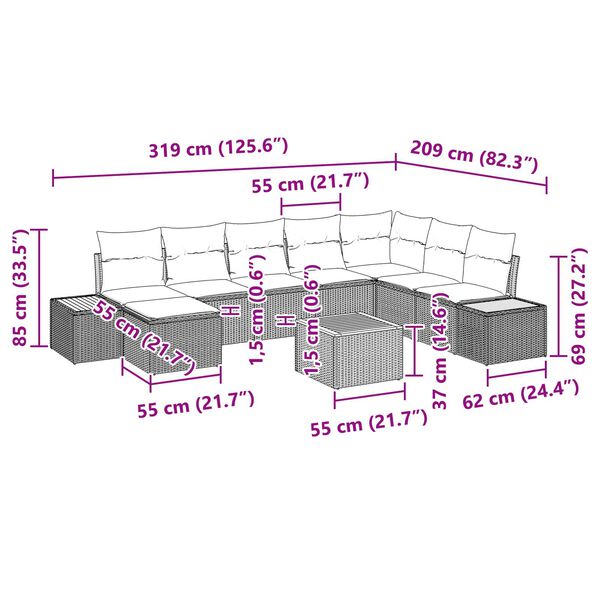 vidaXL Σετ Καναπέ Κήπου με μαξιλάρι 9 pcs Μπεζ Πολυ ράταν
