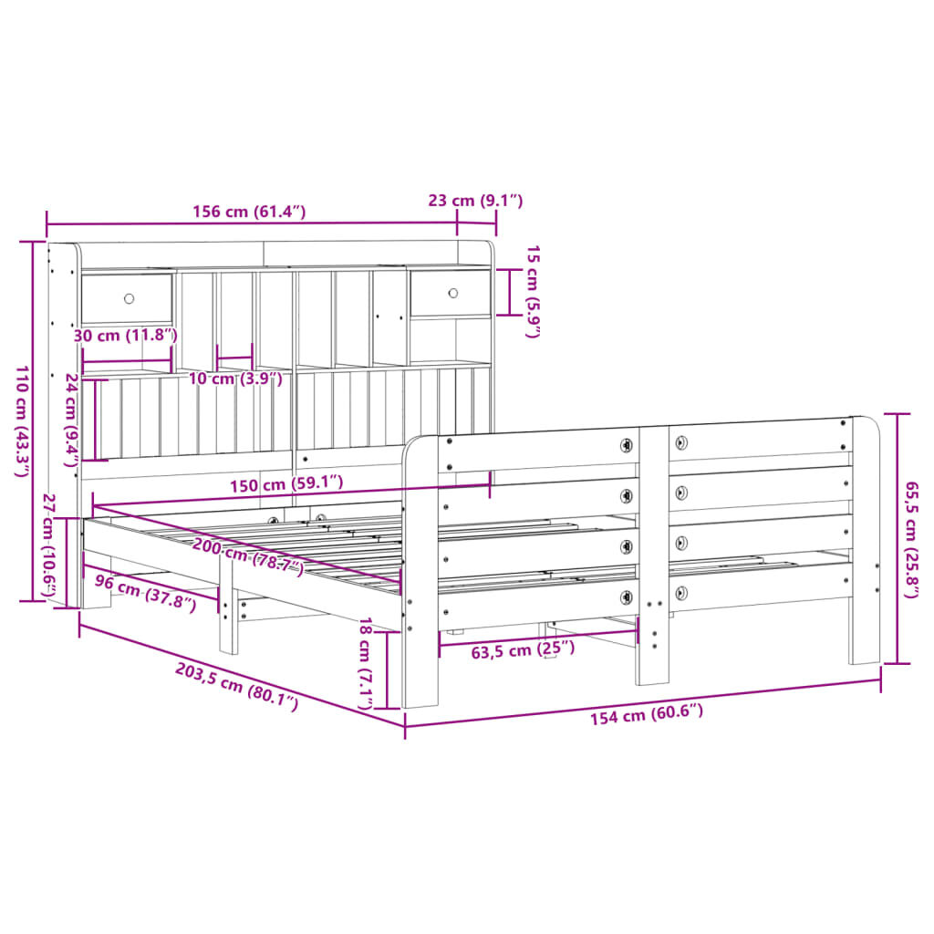 vidaXL Κρεβάτι Βιβλιοθήκη Χωρίς Στρώμα 140x200 εκ Μασίφ Ξύλο Πεύκο