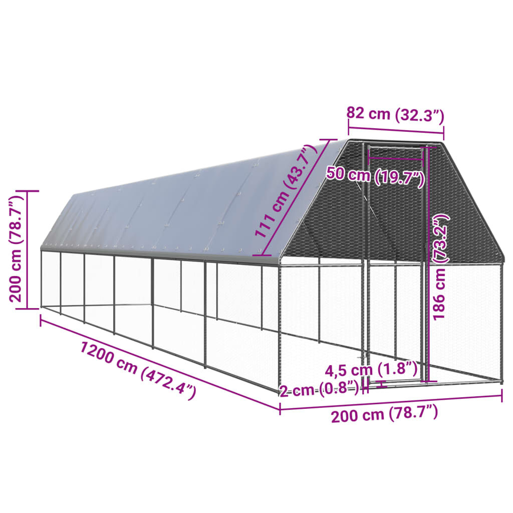 vidaXL Κοτέτσι - Κλουβί Εξωτ. Χώρου 2x12x2 μ. από Γαλβανισμένο Χάλυβα