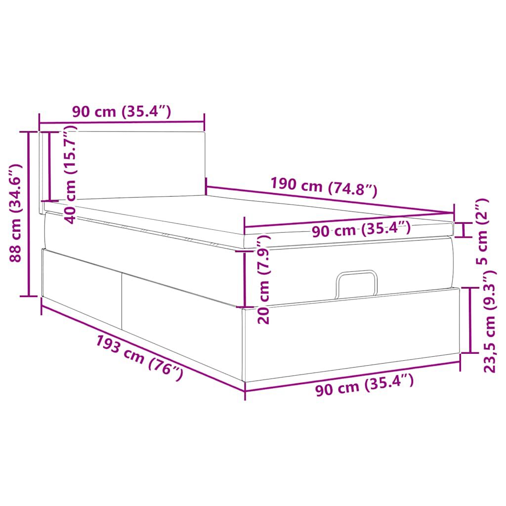 vidaXL Οθωμανικό κρεβάτι με στρώμα σκούρο καφέ 90x190cm ύφασμα