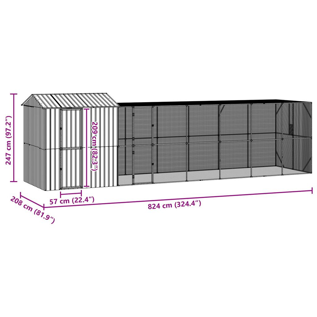 Aviary για Πουλιά vidaXL με Προέκταση Ανθρακί 210x817x247 εκ Ατσάλι