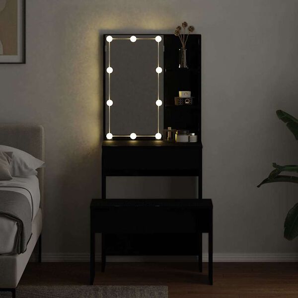 vidaXL Σετ Τραπέζι Μακιγιάζ LED 2 pcs Μαύρη Οξυά Επεξεργασμένο ξύλο