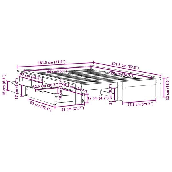 vidaXL Σκελετός Κρεβατιού Χωρίς Στρώμα 160x200 εκ Μασίφ Ξύλο Πεύκου