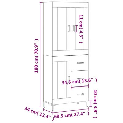 vidaXL Ντουλάπι Γκρι Σκυροδέματος 69,5x34x180 εκ. Επεξεργασμένο Ξύλο