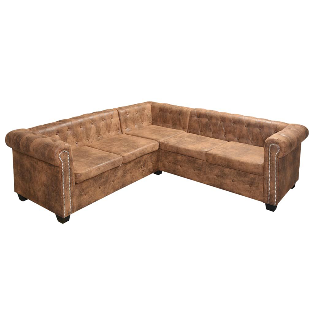 vidaXL Γωνιακός Καναπές Chesterfield 5 Θέσεων Καφέ από Συνθετικό Δέρμα