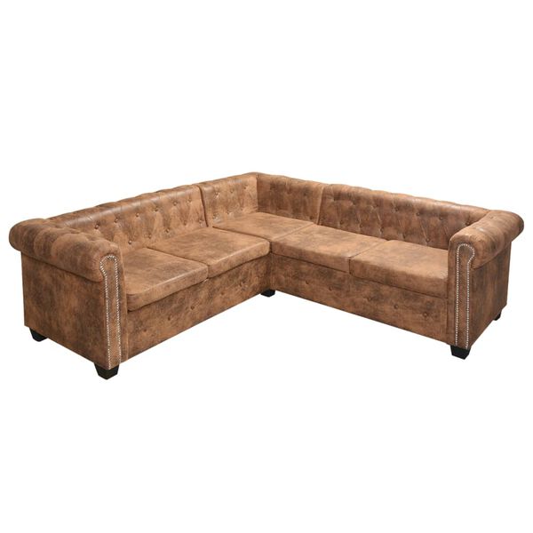 vidaXL Γωνιακός Καναπές Chesterfield 5 Θέσεων Καφέ από Συνθετικό Δέρμα