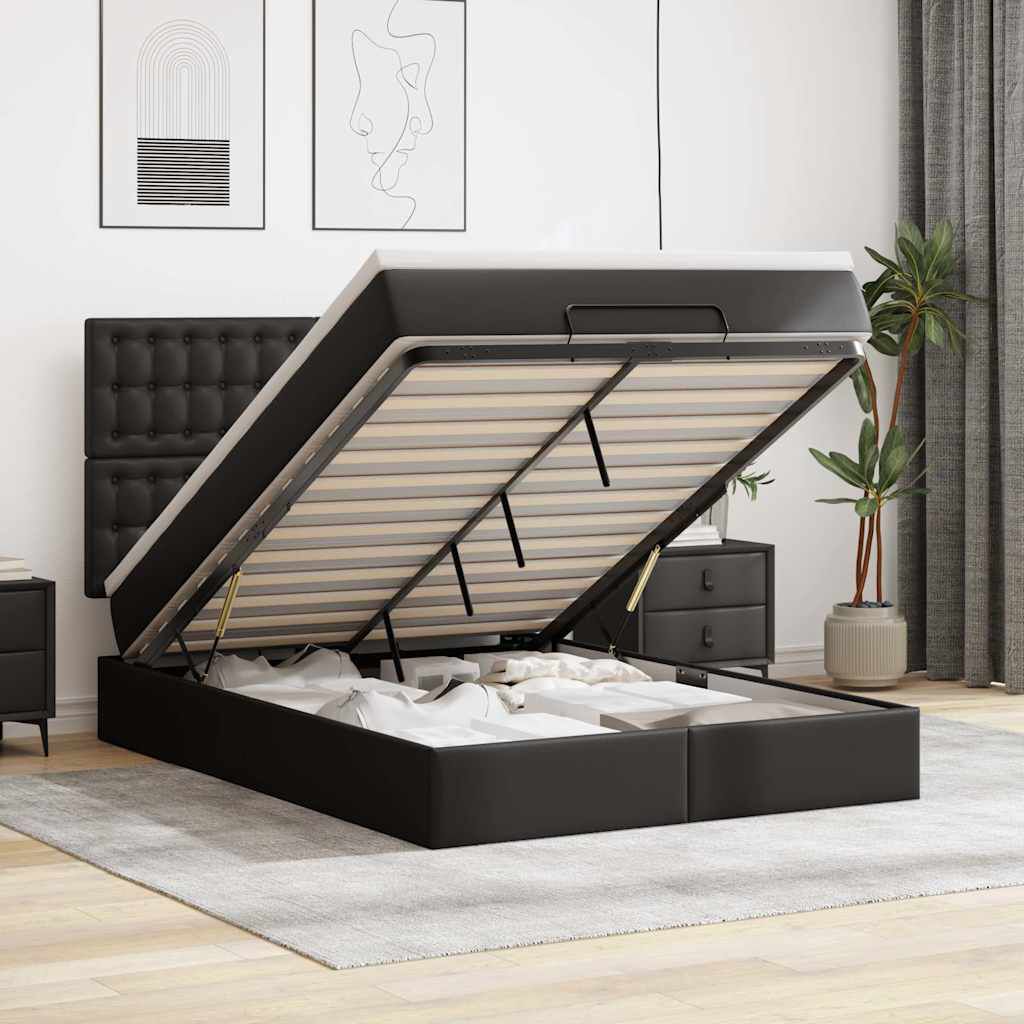 vidaXL Οθωμανικό κρεβάτι με στρώμα & LEDs Μαύρο Συνθετικό δέρμα
