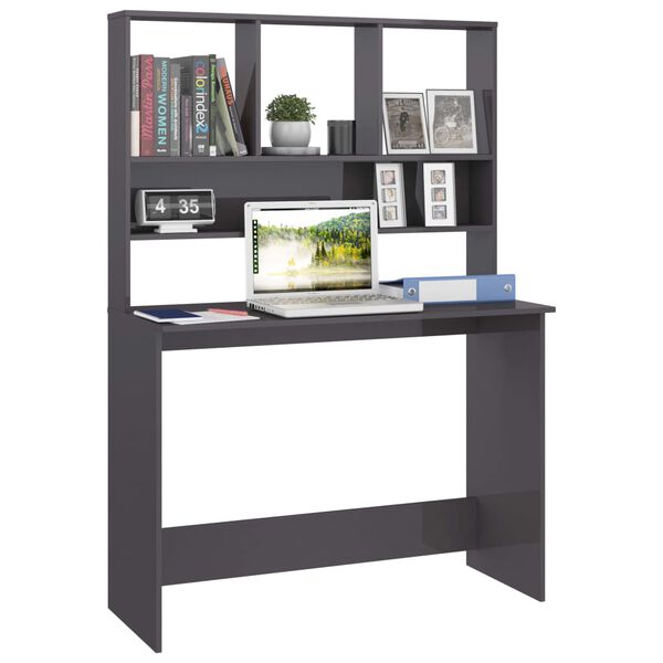 vidaXL Γραφείο με Ράφια Γυαλιστερό Γκρι 110x45x157 εκ. Μοριοσανίδα
