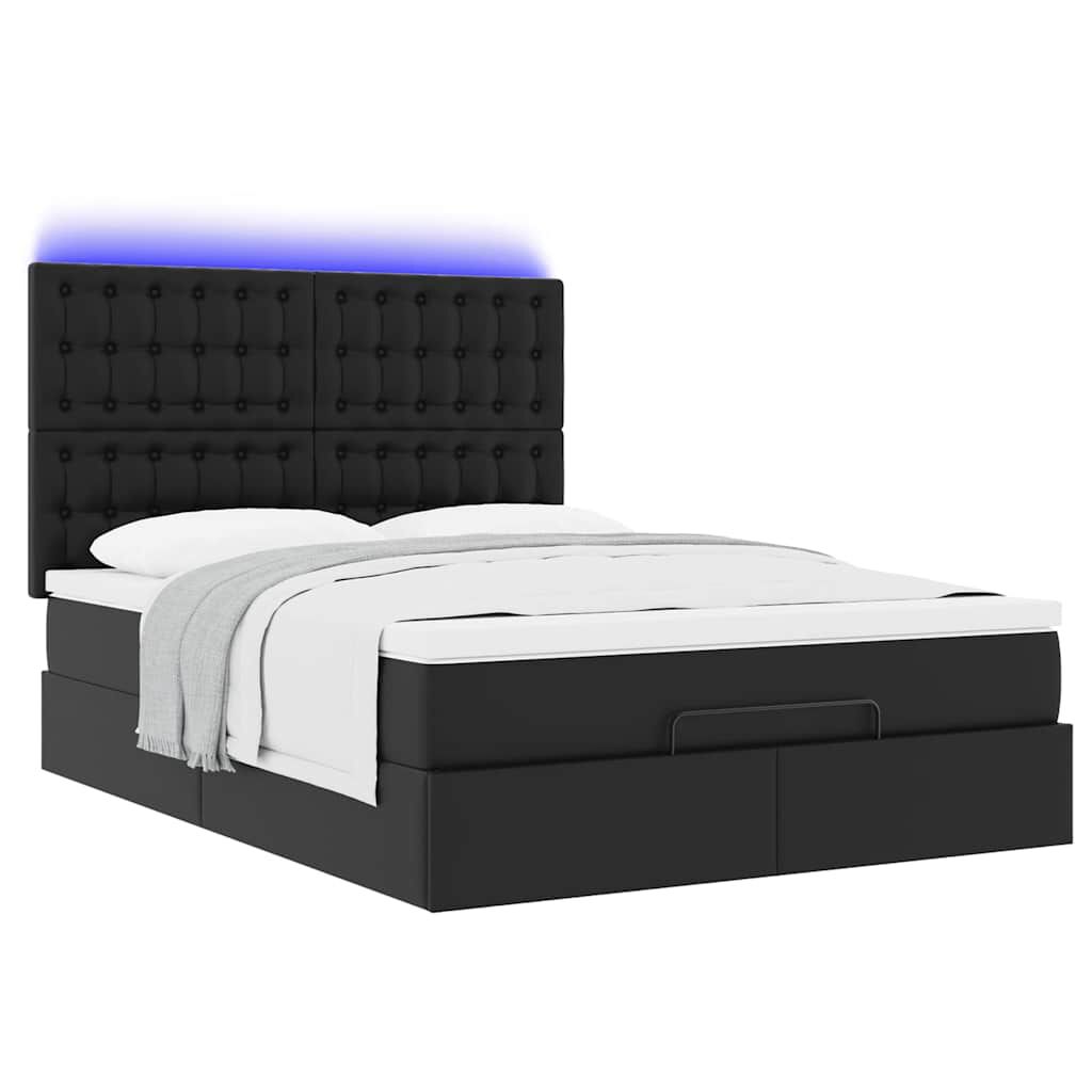 vidaXL Οθωμανικό κρεβάτι με στρώμα & LEDs Μαύρο Συνθετικό δέρμα
