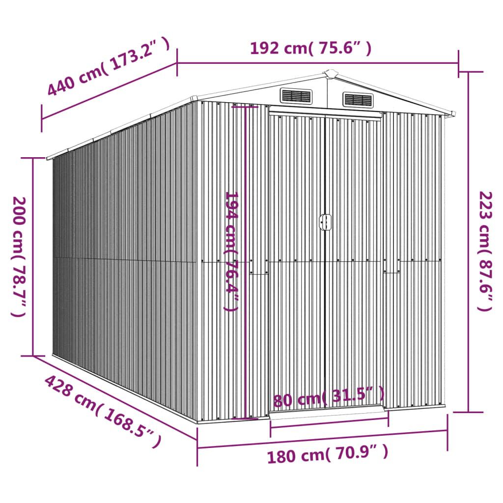 vidaXL Αποθήκη Κήπου Ανοιχτό γκρι 192x440x223 εκ. Γαλβανισμένο Ατσάλι