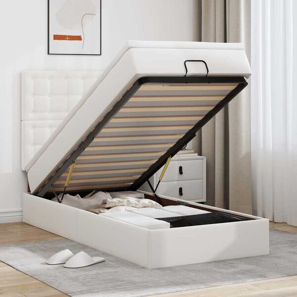 vidaXL Οθωμανικό κρεβάτι με στρώμα & LEDs Λευκό 90x190cm Faux Leather