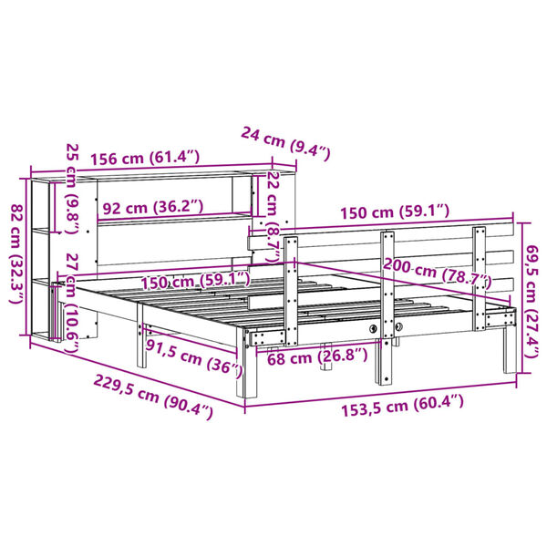 vidaXL Κρεβάτι Βιβλιοθήκη Χωρίς Στρώμα 150x200 εκ Μασίφ Ξύλο Πεύκου