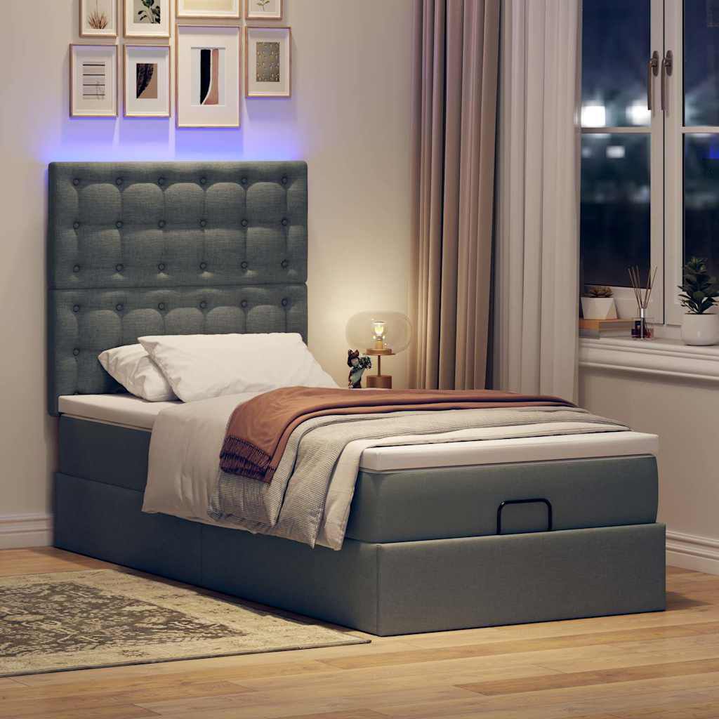 vidaXL Οθωμανικό κρεβάτι με στρώμα & LEDs Σκούρο γκρι 80x200cm ύφασμα