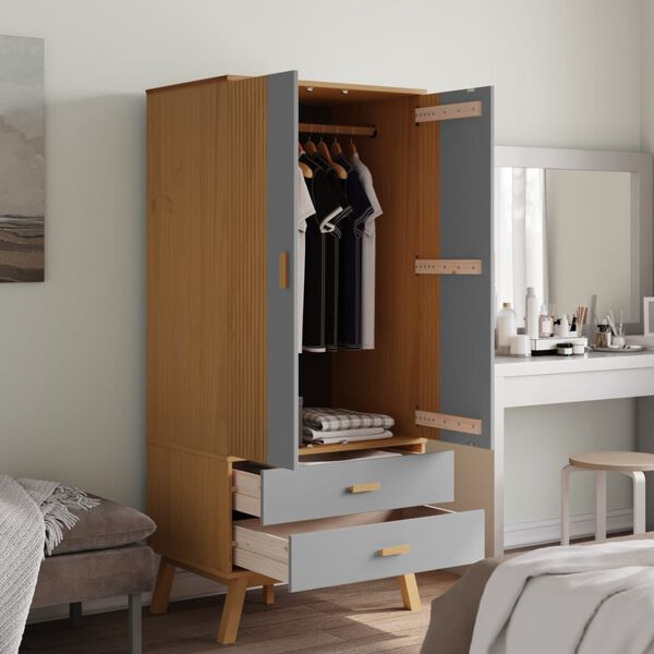 vidaXL Ντουλάπα OLDEN Γκρι & Καφέ 76,5x53x172 εκ. Μασίφ Ξύλο Πεύκου