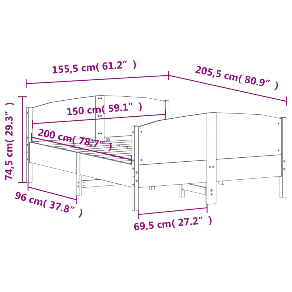vidaXL Σκελετός Κρεβατιού Χωρίς Στρώμα 150x200 εκ Μασίφ Ξύλο Πεύκου