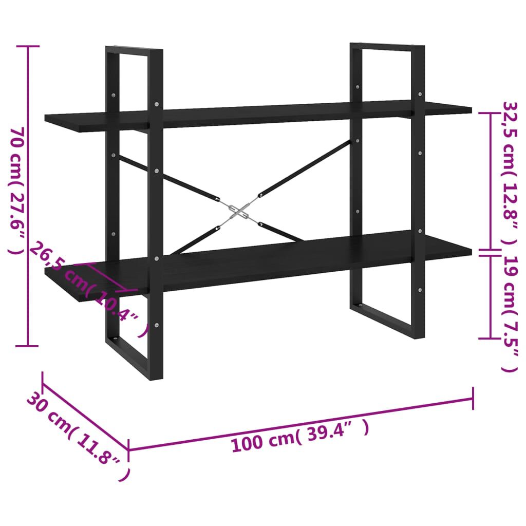 vidaXL Βιβλιοθήκη με 2 Ράφια Μαύρη 100x30x70 εκ. από Μασίφ Ξύλο Πεύκου